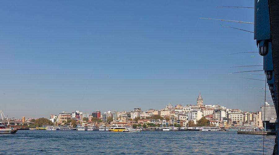 Karaköy waterfront and Galata Tower viewed from Galata Bridge